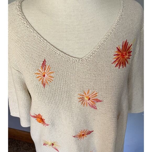 J Jill Sweater Sz Small Beige Embroidered Floral Linen Blend Lightweight Comfy - Picture 8 of 14